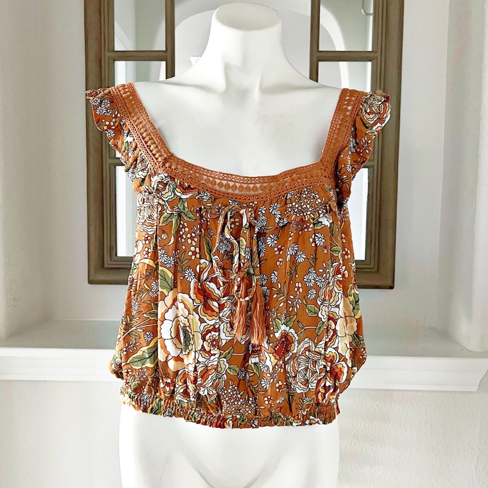 Rachel Zoe Floral Baloon Top Cropped Ruffled Shoulder Sleeveless Size M NWT